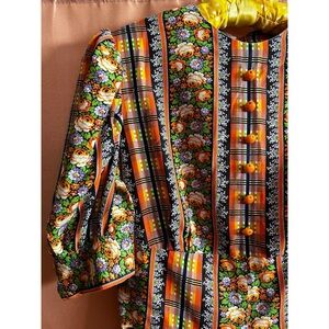 Multicolor 1960s Voluminous Sleeve Floral and Stripe Dress Orange Fruit Buttons!